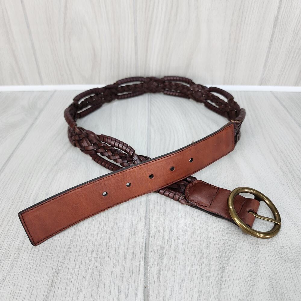 NWOT Ann Taylor Belt Women MEDUIM 38" Brown Leather Braided Gold Tone Buckle